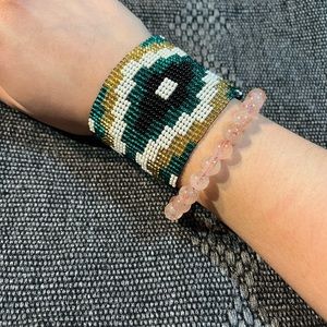 Authentic handmade, Mexican beaded bracelet, black, white, gold, teal color